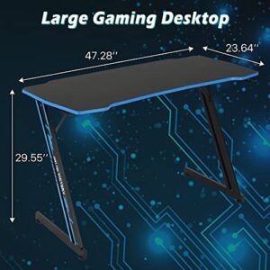 Dkelincs 47 inch Gaming Desk Z-Shaped Computer Desk PC Computer Table Home Office Desk Ergonomic Gamer Workstation with Headphone Hook, Blue