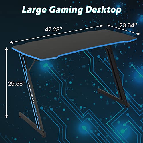 Dkelincs 47 inch Gaming Desk Z-Shaped Computer Desk PC Computer Table Home Office Desk Ergonomic Gamer Workstation with Headphone Hook, Blue