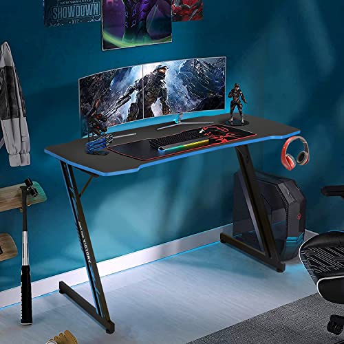 Dkelincs 47 inch Gaming Desk Z-Shaped Computer Desk PC Computer Table Home Office Desk Ergonomic Gamer Workstation with Headphone Hook, Blue