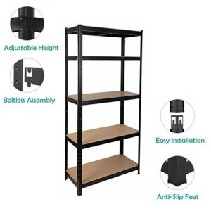 77" Storage Shelves, Heavy Duty Steel Frame 5-Tier Garage Shelving Unit, Metal Multi-Use Storage Rack for Home/Office/Dormitory/Garage, Adjustable Height Bolt-Free Easy Installation, Black