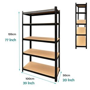 77" Storage Shelves, Heavy Duty Steel Frame 5-Tier Garage Shelving Unit, Metal Multi-Use Storage Rack for Home/Office/Dormitory/Garage, Adjustable Height Bolt-Free Easy Installation, Black