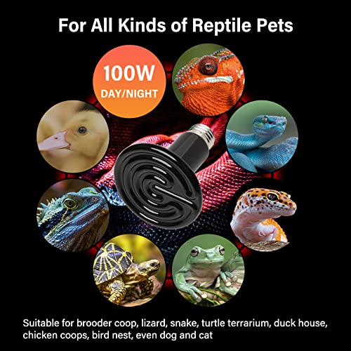 HealSmart Reptile Heat Lamp 100W 2-Pack Ceramic Heat Emitter, No Light Emitting Heat Bulbs for Amphibian Pet Brooder Coop Incubating Chicken, Lizard Bearded Dragon Turtle Snake Terrarium