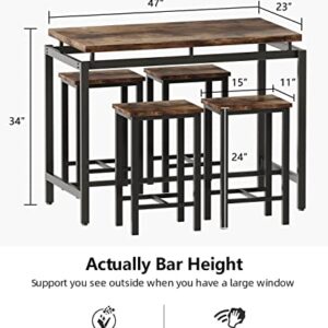 tantohom Dining Table Set for 4, Space Saving Kitchen Table and Chairs for 4, Industrial Counter Height Table with 4 Stools, 5 Pcs Bar Table and Chairs Set, for Pub, Living Room, Breakfast Nook, Brown