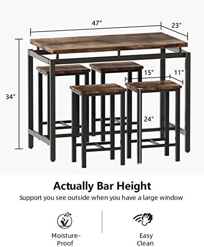 tantohom Dining Table Set for 4, Space Saving Kitchen Table and Chairs for 4, Industrial Counter Height Table with 4 Stools, 5 Pcs Bar Table and Chairs Set, for Pub, Living Room, Breakfast Nook, Brown