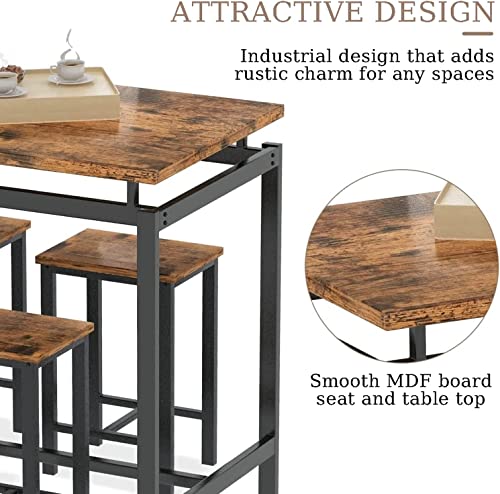 tantohom Dining Table Set for 4, Space Saving Kitchen Table and Chairs for 4, Industrial Counter Height Table with 4 Stools, 5 Pcs Bar Table and Chairs Set, for Pub, Living Room, Breakfast Nook, Brown