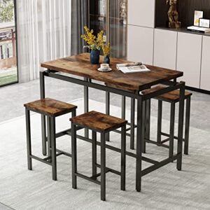 tantohom Dining Table Set for 4, Space Saving Kitchen Table and Chairs for 4, Industrial Counter Height Table with 4 Stools, 5 Pcs Bar Table and Chairs Set, for Pub, Living Room, Breakfast Nook, Brown