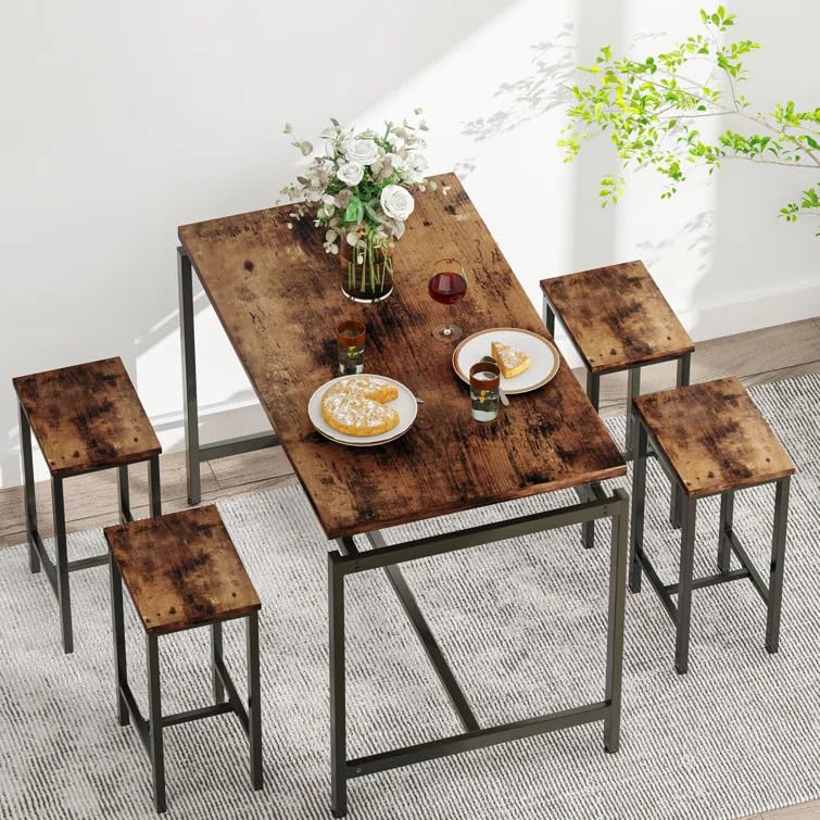 tantohom Dining Table Set for 4, Space Saving Kitchen Table and Chairs for 4, Industrial Counter Height Table with 4 Stools, 5 Pcs Bar Table and Chairs Set, for Pub, Living Room, Breakfast Nook, Brown