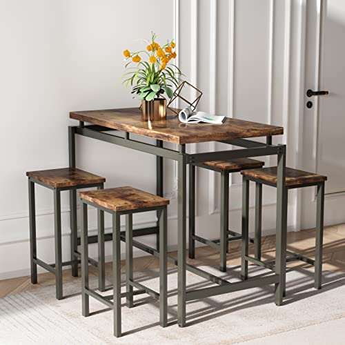 tantohom Dining Table Set for 4, Space Saving Kitchen Table and Chairs for 4, Industrial Counter Height Table with 4 Stools, 5 Pcs Bar Table and Chairs Set, for Pub, Living Room, Breakfast Nook, Brown