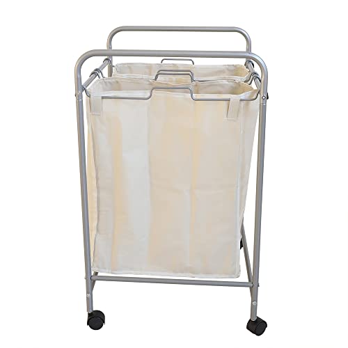 Laundry Sorter 2 Bag Laundry Hamper Cart with Rolling Lockable Wheels and Removable Bags Laundry Organizer Cart for Clothes Storage