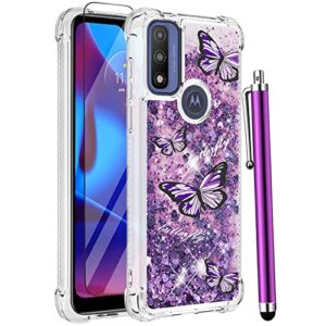 caiyunl for moto g pure case, moto g power 2022 case with glass screen protector, women girls glitter bling floating liquid sparkle cute soft tpu protective phone for motorola g pure -purple butterfly