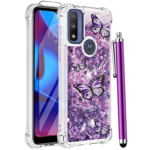 CAIYUNL for Moto G Pure Case, Moto G Power 2022 Case with Glass Screen Protector, Women Girls Glitter Bling Floating Liquid Sparkle Cute Soft TPU Protective Phone for Motorola G Pure -Purple Butterfly