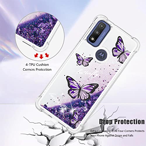 CAIYUNL for Moto G Pure Case, Moto G Power 2022 Case with Glass Screen Protector, Women Girls Glitter Bling Floating Liquid Sparkle Cute Soft TPU Protective Phone for Motorola G Pure -Purple Butterfly