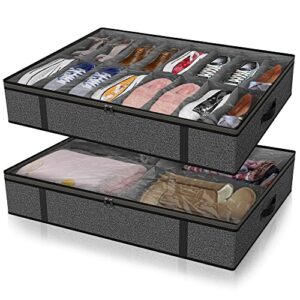 under bed shoe storage organizer for closet 2 pack, fits total 20 pairs foldable underbed shoes containers boxes under the bed storage bedding with clear cover handles, grey