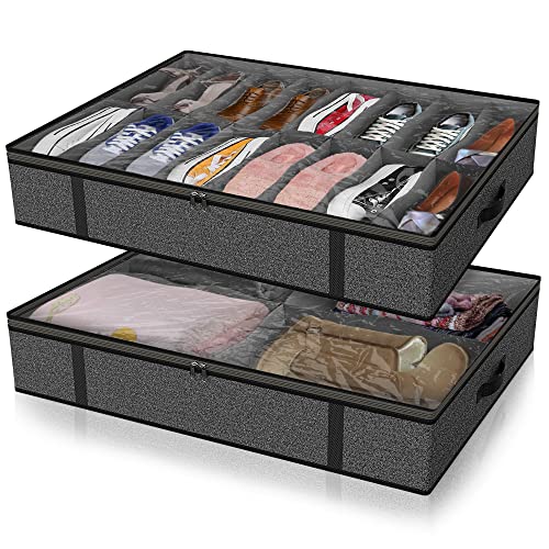 Under Bed Shoe Storage Organizer for Closet 2 Pack, Fits Total 20 Pairs Foldable Underbed Shoes Containers Boxes Under the Bed Storage Bedding with Clear Cover Handles, Grey