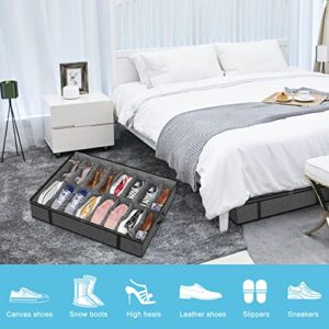 Under Bed Shoe Storage Organizer for Closet 2 Pack, Fits Total 20 Pairs Foldable Underbed Shoes Containers Boxes Under the Bed Storage Bedding with Clear Cover Handles, Grey