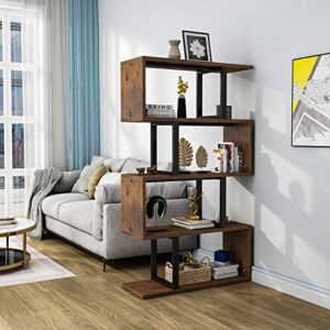 yitahome 5 tiers bookshelf, modern s-shaped z-shelf style bookshelves, multifunctional geometric bookcase storage display shelf for living room bedroom home office, retro brown