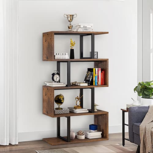 YITAHOME 5 Tiers Bookshelf, Modern S-Shaped Z-Shelf Style Bookshelves, Multifunctional Geometric Bookcase Storage Display Shelf for Living Room Bedroom Home Office, Retro Brown