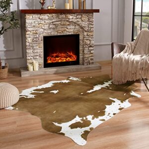 merelax premium faux cowhide rugs for living room 4.6x5.2 feet，large cow print rug for bedroom home office western decor, durable cow hide animal print floor carpet，brown