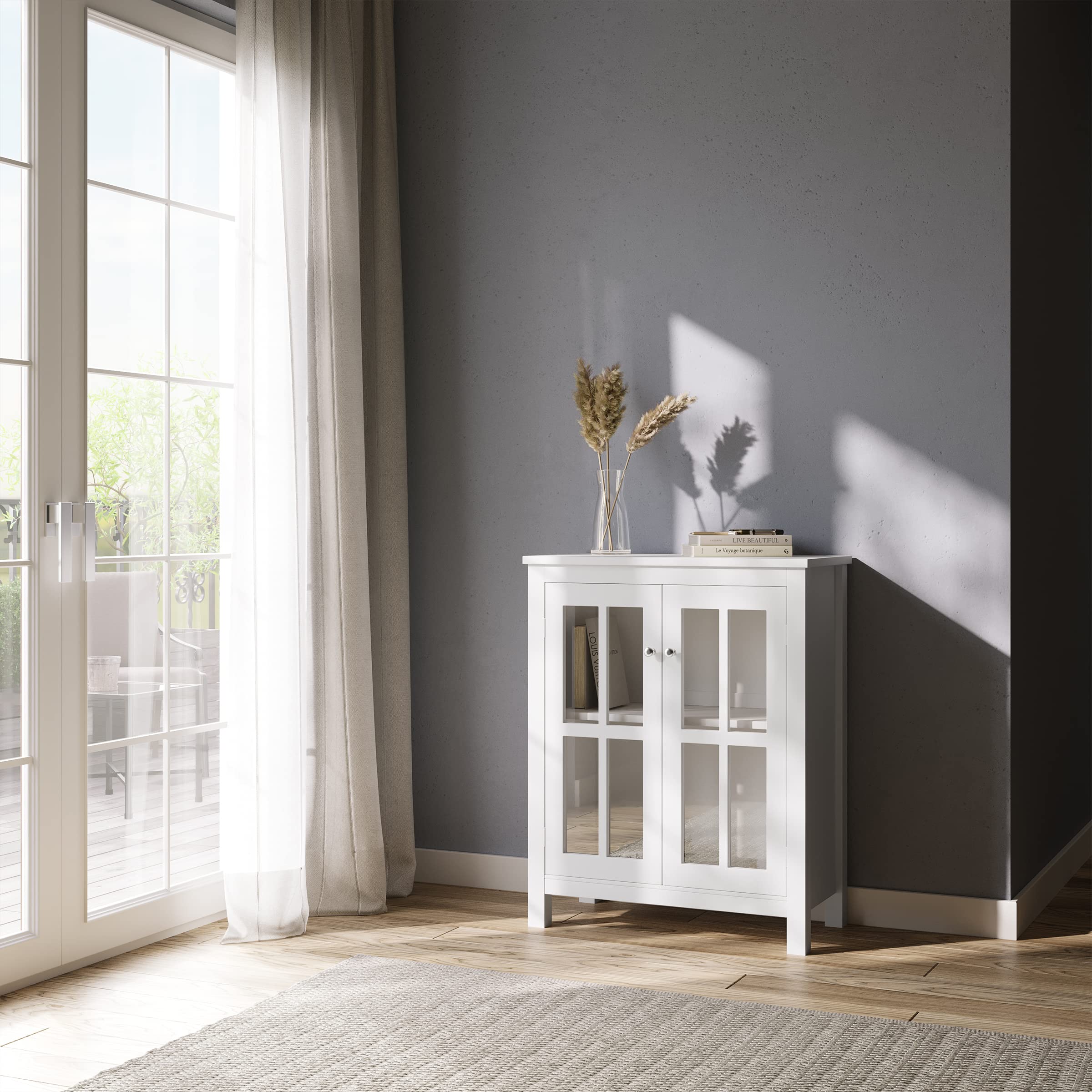 Lavish Home, White Buffet Cabinet with Glass Doors