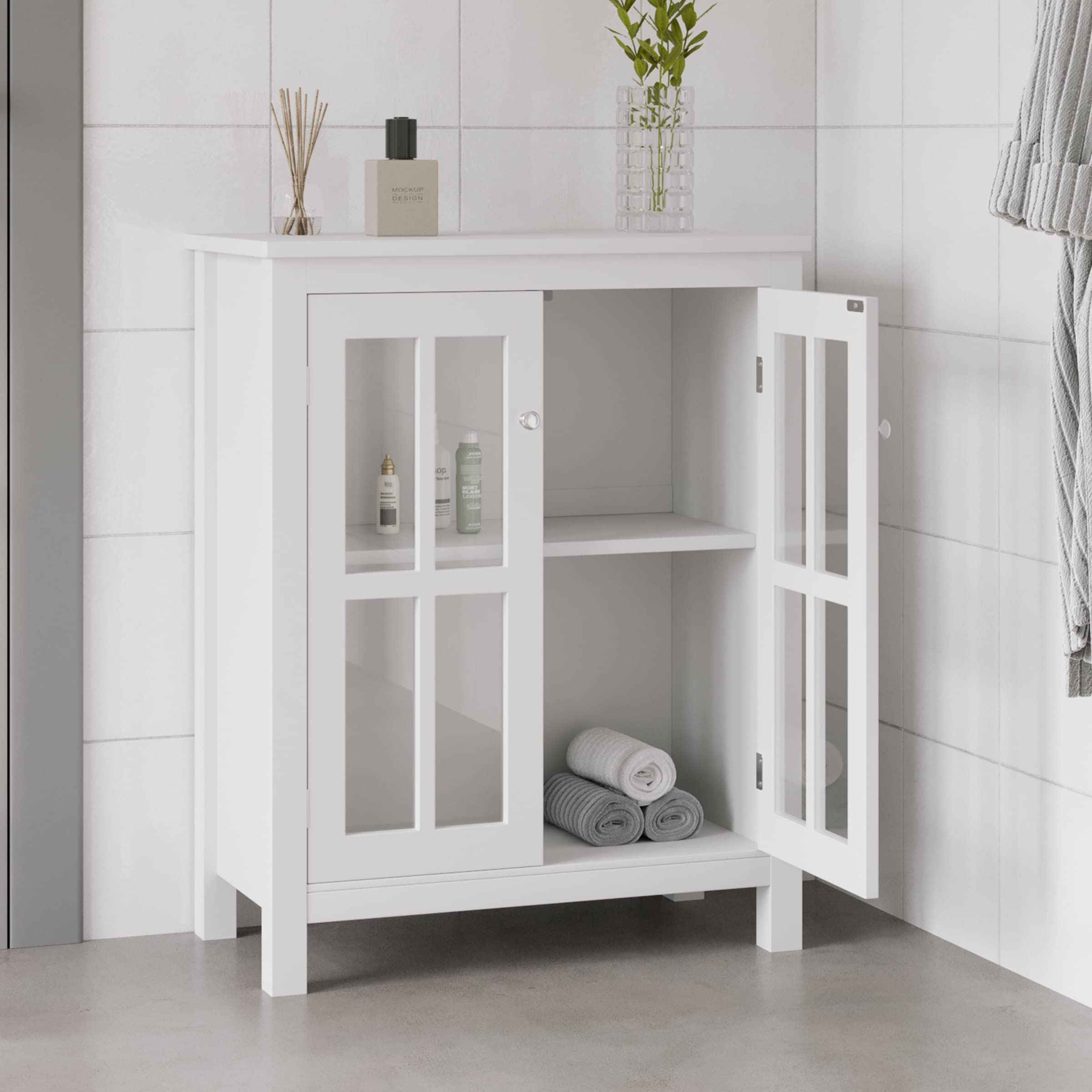 Lavish Home, White Buffet Cabinet with Glass Doors