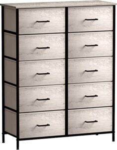 sorbus dresser with 10 faux wood drawers - storage unit organizer chest for clothes - bedroom, hallway, living room, closet, & dorm furniture - steel frame, wood top, & easy pull polyester fabric bins