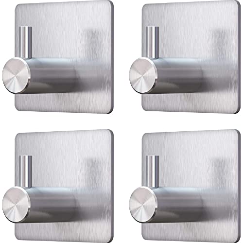 Towel Hooks Bathroom Coat Robe Hook，No Punch Heavy Duty Waterproof Hanging Cap Adhesive Hook for Bathroom, Bedroom, RV & Kitchen - 4 Pieces (Sliver)