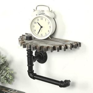 MyGift Wall Mounted Torched Wood Small Floating Shelf with Steampunk Gear Design and Realistic Industrial Metal Pipe Wall Bracket, Hanging Display Shelf Rack