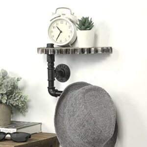 MyGift Wall Mounted Torched Wood Small Floating Shelf with Steampunk Gear Design and Realistic Industrial Metal Pipe Wall Bracket, Hanging Display Shelf Rack