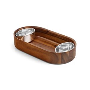 nambe oblong nest chip and dip serving bowl | wooden appetizer platter set with oven safe metal dip cup for salsa, guacamole, nacho, vegetables | measures at 13” l x 6.5” w | designed by neil cohen