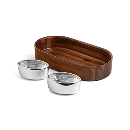 nambe Oblong Nest Chip and Dip Serving Bowl | Wooden Appetizer Platter Set with Oven Safe Metal Dip Cup for Salsa, Guacamole, Nacho, Vegetables | Measures at 13” L x 6.5” W | Designed by Neil Cohen