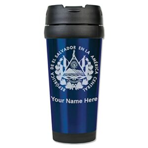 lasergram 16oz coffee travel mug, flag of el salvador, personalized engraving included (dark blue)