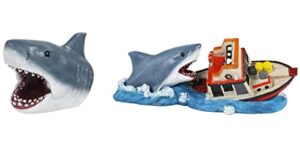penn-plax jaws officially licensed 2-piece aquarium ornament bundle – includes boat attack and shark swim-through – small