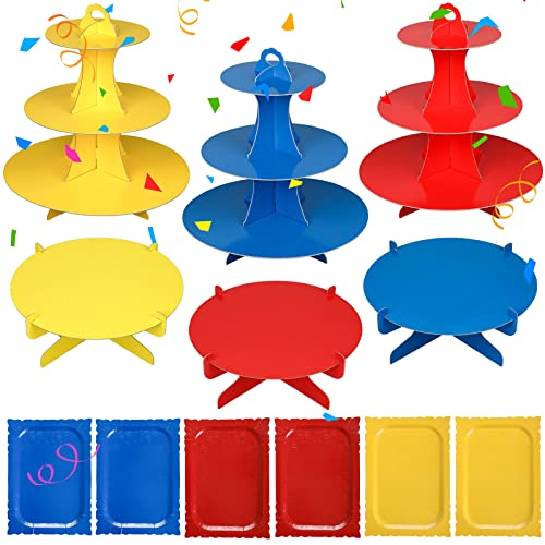 12 Pcs Colorful Cardboard Cake Stand Set for Dessert Table 3 Tier Round Cupcake Stand 1 Tier Cake Stand Disposable Rectangle Serving Tray for Baby Shower Birthday Special Event Party Decorations