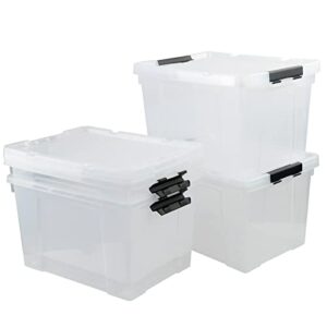 ucake 40 quart clear storage latching bin, plastic storage box with wheels, 4 pack