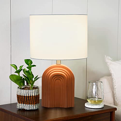 Creative Co-Op Main + Mesa Carved Arch Stoneware Table Lamp with Linen Drum Shade, Terracotta