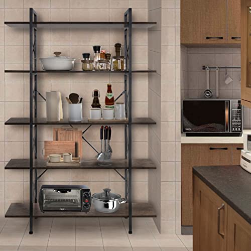LAVIEVERT 5-Tier Vintage Industrial Bookshelf Rustic Wood and Metal Bookcase Standing Display Rack and Storage Organizer for Home & Office - Gray Oak