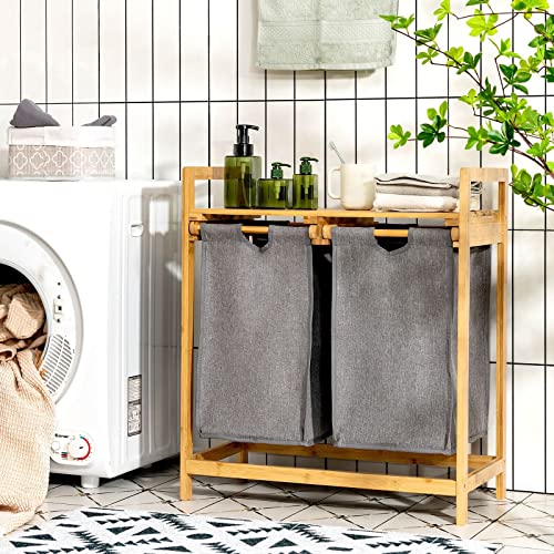 Bamboo Laundry Hamper with Dual Compartments Laundry Sorter and Sliding Bagswith Removable Sliding Bags & Shelf – Wooden Bamboo Laundry Organizer Cabinet for Bathroom (HOOYA1297)