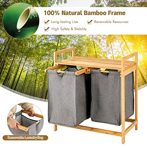 Bamboo Laundry Hamper with Dual Compartments Laundry Sorter and Sliding Bagswith Removable Sliding Bags & Shelf – Wooden Bamboo Laundry Organizer Cabinet for Bathroom (HOOYA1297)