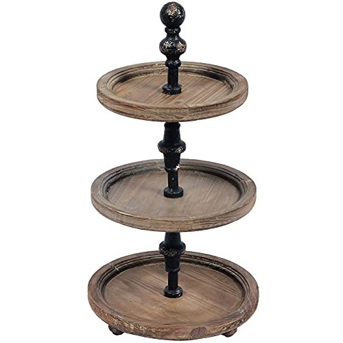 Distressed Round Three Tiered Tray Fall Decor, Handmade Farmhouse Tiered Tray with Stand Metal Strut, Rustic 3 Tier Wood Serving Tray for Party Wedding Home Organization