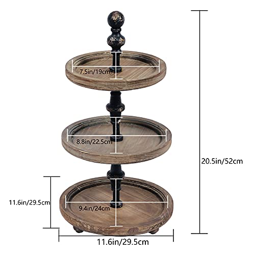 Distressed Round Three Tiered Tray Fall Decor, Handmade Farmhouse Tiered Tray with Stand Metal Strut, Rustic 3 Tier Wood Serving Tray for Party Wedding Home Organization