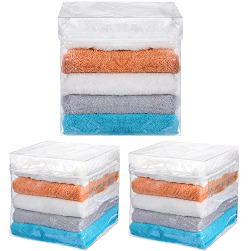 3 Pcs Clear Zippered Organizers Clothes Storage Bags with Handle Plastic Sweater Storage Foldable Toy Storage Bin for Organizing Blankets Underwear Toys Travel Storage (3 Pcs)