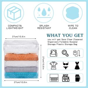 3 Pcs Clear Zippered Organizers Clothes Storage Bags with Handle Plastic Sweater Storage Foldable Toy Storage Bin for Organizing Blankets Underwear Toys Travel Storage (3 Pcs)