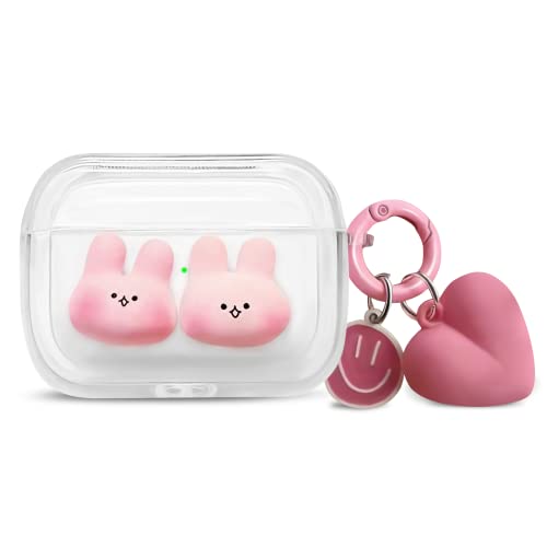 Woyinger Airpods Pro Case Cover with Keychain,Cute Kawaii Cartoon 3D Stereoscopic Pink Rabbit Head Clear Soft TPU Full Protection Shockproof Charging Case Cover Airpods Pro Case.