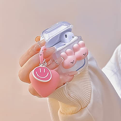 Woyinger Airpods Pro Case Cover with Keychain,Cute Kawaii Cartoon 3D Stereoscopic Pink Rabbit Head Clear Soft TPU Full Protection Shockproof Charging Case Cover Airpods Pro Case.