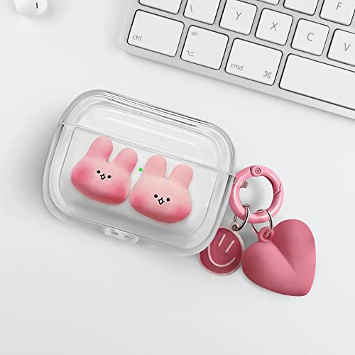 Woyinger Airpods Pro Case Cover with Keychain,Cute Kawaii Cartoon 3D Stereoscopic Pink Rabbit Head Clear Soft TPU Full Protection Shockproof Charging Case Cover Airpods Pro Case.