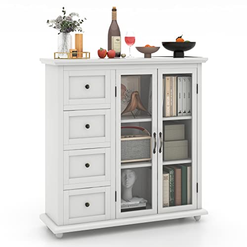 COSTWAY Sideboard and Buffets with Storage, Kitchen Storage Cabinets Pantry with 4-Drawer, 2 Tempered Glass Doors, Console Table, Coffee Bar Cabinet for Dining Room Kitchen Entryway Living Room, White