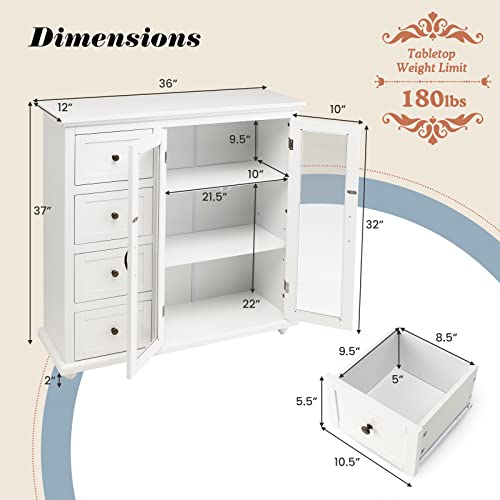 COSTWAY Sideboard and Buffets with Storage, Kitchen Storage Cabinets Pantry with 4-Drawer, 2 Tempered Glass Doors, Console Table, Coffee Bar Cabinet for Dining Room Kitchen Entryway Living Room, White