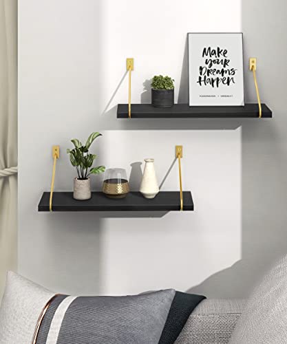 Gronda Black Floating Shelves Set of 2, Black Gold Wall Shelves Minimalist Modern Wall Decor Wooden Bookshelves Trophy Display Storage Plants Floating Shelves Wall Mount Living Room Bedroom Bathroom