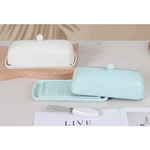 Sheskind Elegant Ceramic Butter Dish with Lid, A Practical Covered Butter Keeper, One Multi-function Butter Knife Included in the Package (light blue)