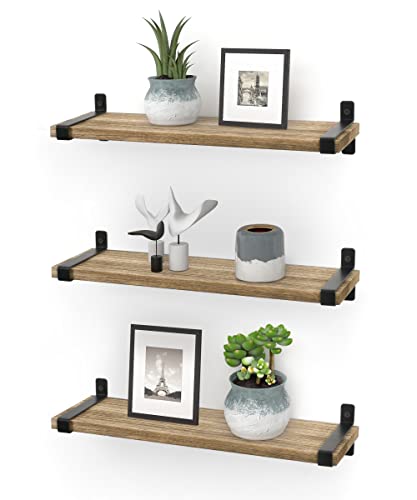 Gronda Floating Shelves Natural Wood Set of 3, Rustic Solid Wood Floating Shelves Wall Mounted Floating Bookshelves Farmhouse Wooden Wall Decor Wall Shelves for Bathroom Living Room Bedroom Kitchen